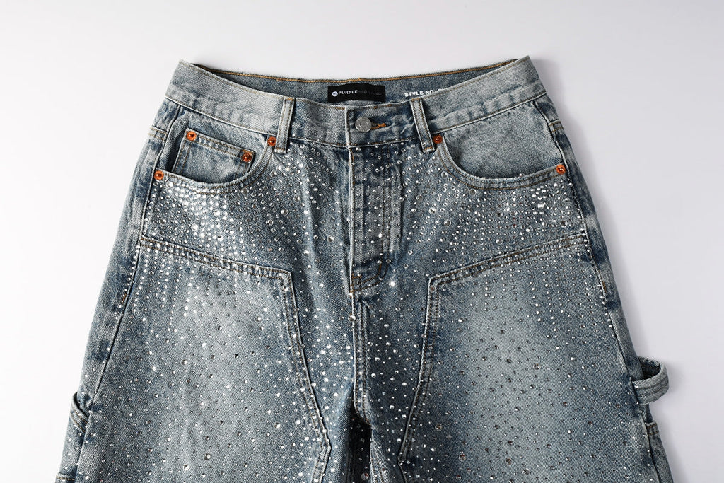 Men Streetwear Cargo Denim Shorts Light Blue Wash with Rhinestone Embellishment and Distressed Details 5097
