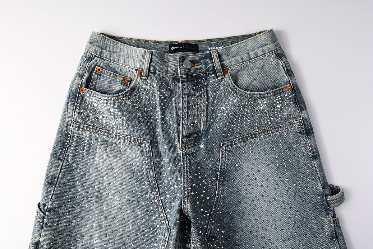 Men Streetwear Cargo Denim Shorts Light Blue Wash with Rhinestone Embellishment and Distressed Details 5097