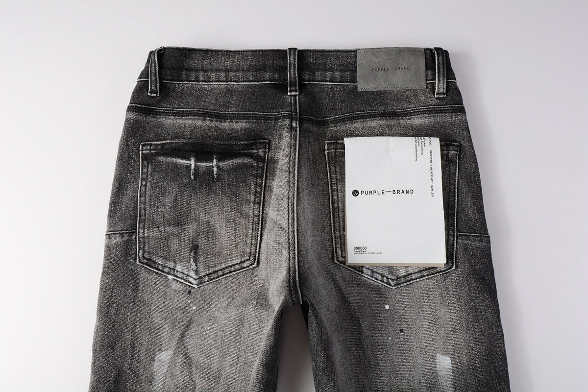 Men Streetwear Skinny Jeans Dark Gray Wash with White Paint Splatter and Distressed Rips 9032