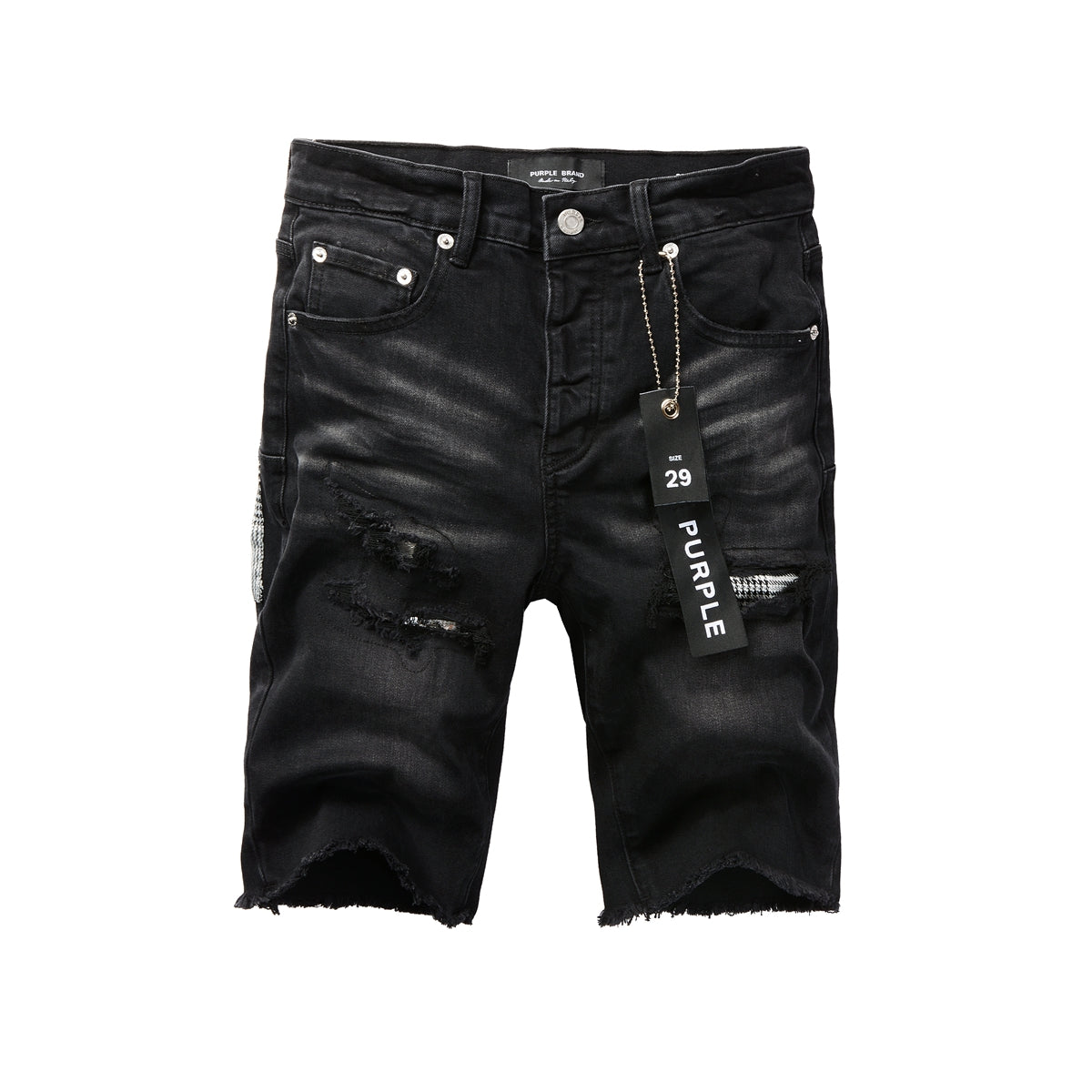 Men Streetwear Denim Shorts Black Wash with Distressed Rips and Plaid Patches 5001