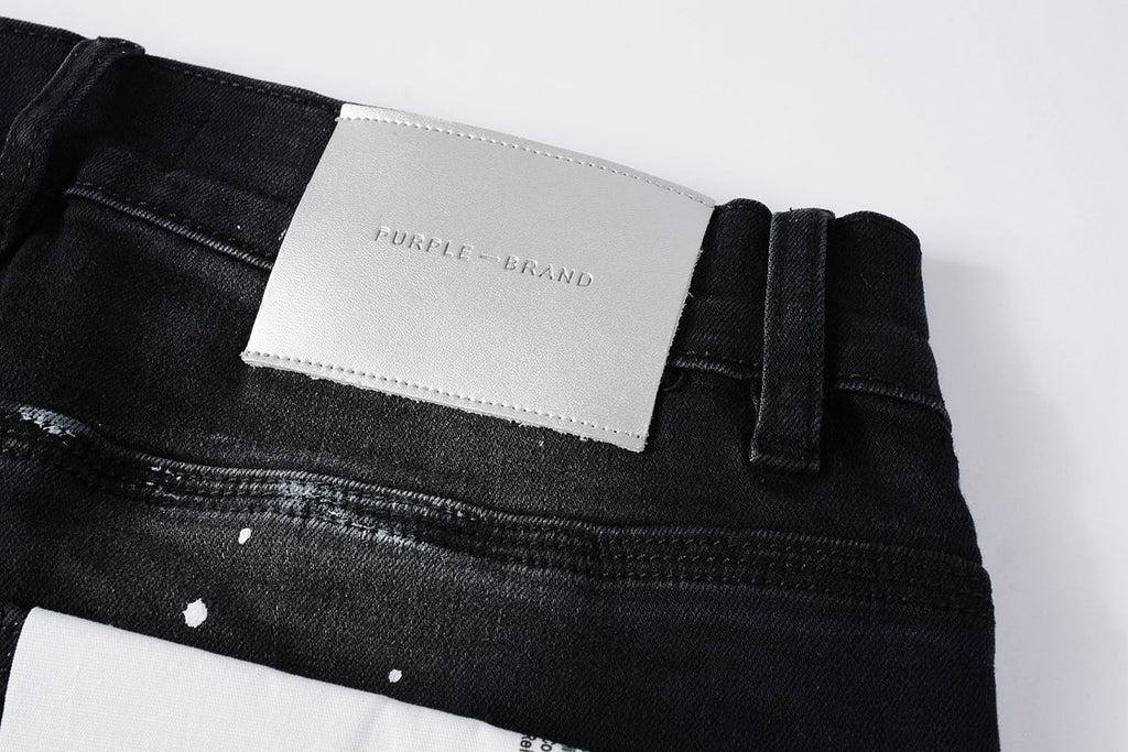 Men Streetwear Skinny Jeans Black Fade Wash with White Paint Splatter and Distressed Rips 9002