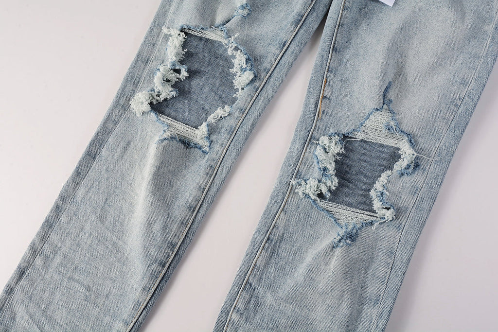 Men Streetwear Skinny Jeans Light Blue Wash with Knee Ripped Details and Black Lining 9010