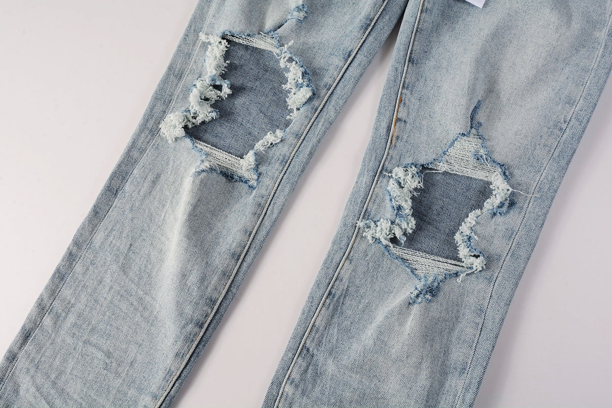 Men Streetwear Skinny Jeans Light Blue Wash with Knee Ripped Details and Black Lining 9010