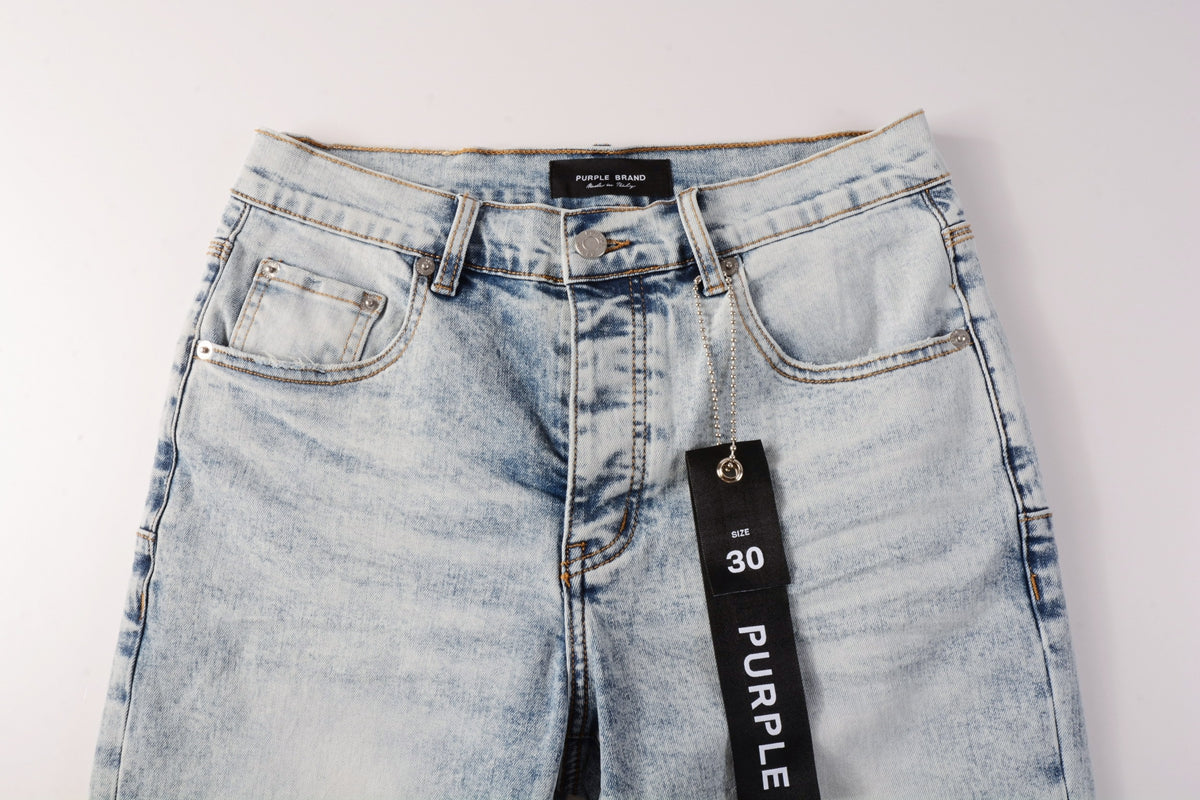 Men Streetwear Denim Shorts Light Blue Wash with Vintage Distressed Raw Hem 5053