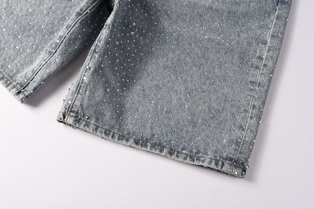 Men Streetwear Straight Denim Shorts Grey Wash with Rhinestone Speckles and Seam Accents 5096