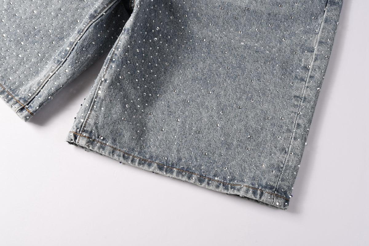 Men Streetwear Straight Denim Shorts Grey Wash with Rhinestone Speckles and Seam Accents 5096