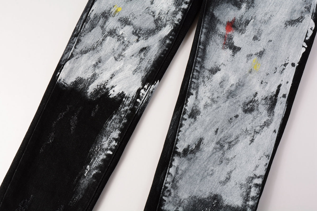 Men Streetwear Skinny Jeans Black and White Graffiti Wash with Multi - Color Paint Accents 9020