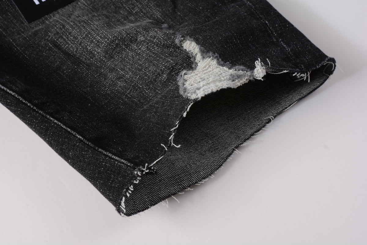 Men Streetwear Denim Shorts Black Wash with Colorful Feather Print and Raw Hem 5085