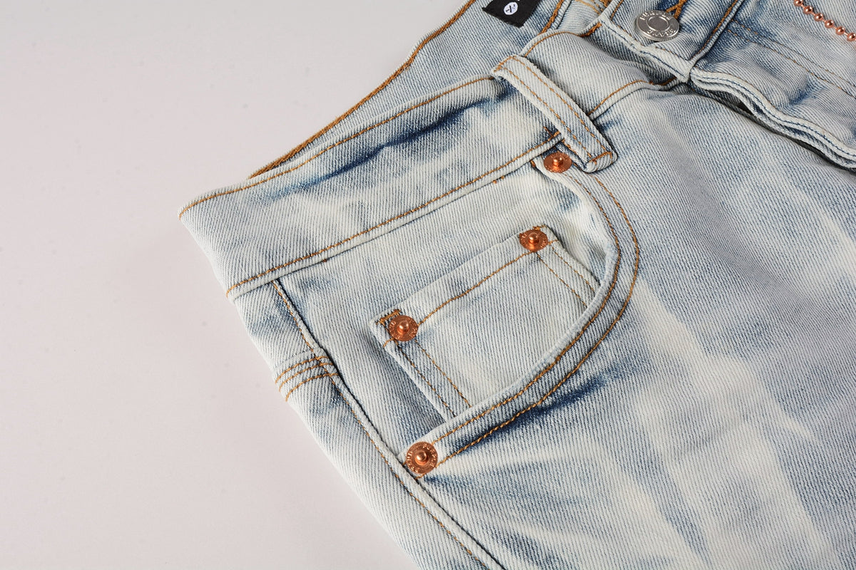 Men Streetwear Skinny Jeans Light Blue Wash with White Brushstroke Texture 7017