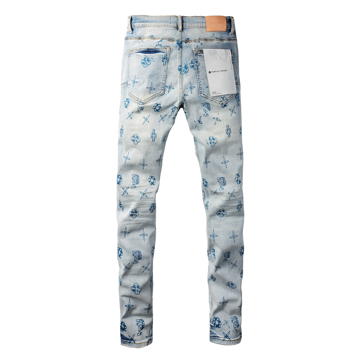 Men Streetwear Skinny Jeans Light Blue Wash with White Paint Brush Strokes 9063