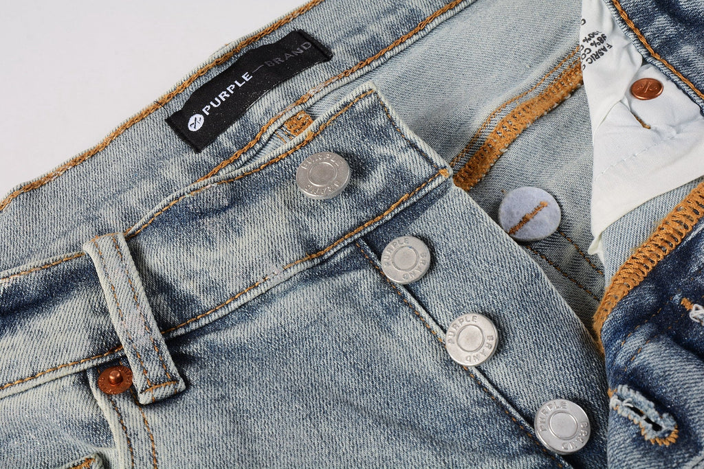 Men Streetwear Skinny Jeans Light Blue Wash with Holographic Iridescent Finish 9005