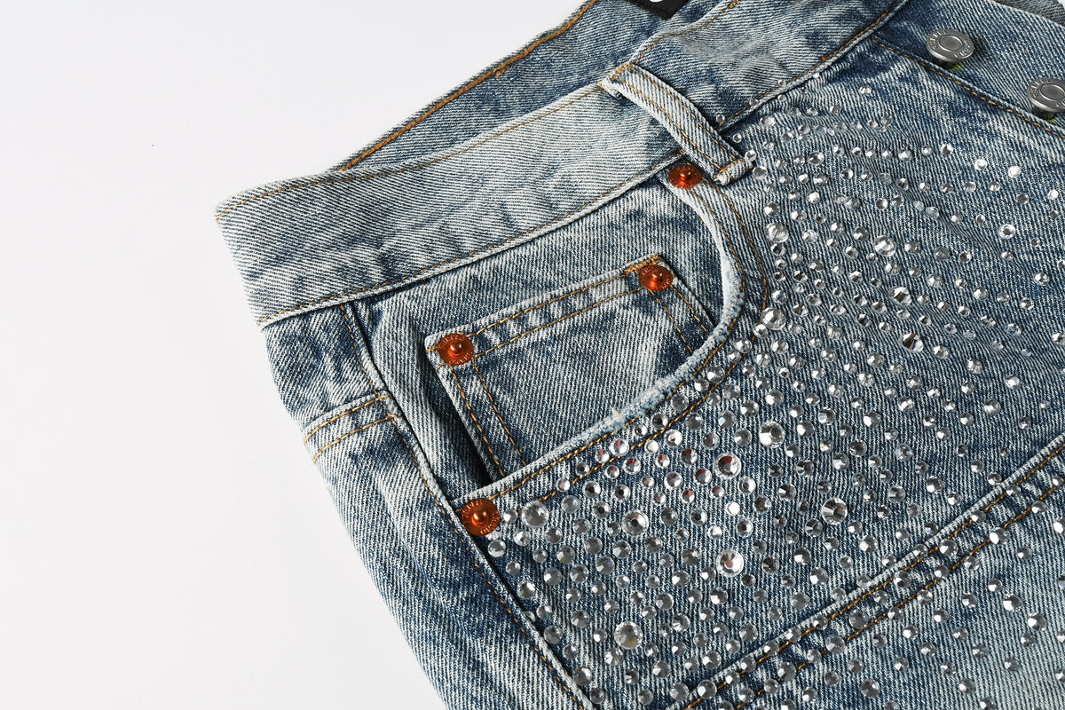 Men Streetwear Cargo Denim Shorts Light Blue Wash with Rhinestone Embellishment and Distressed Details 5097
