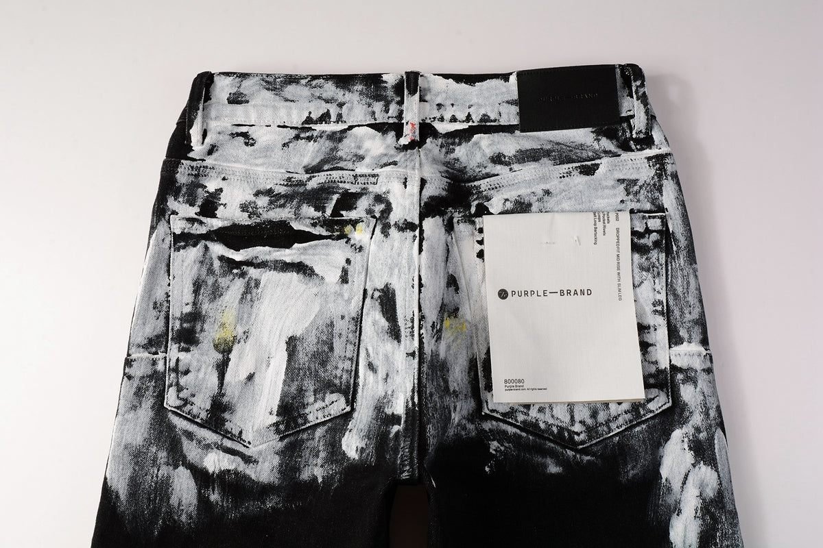 Men Streetwear Skinny Jeans Black and White Graffiti Wash with Multi - Color Paint Accents 9020