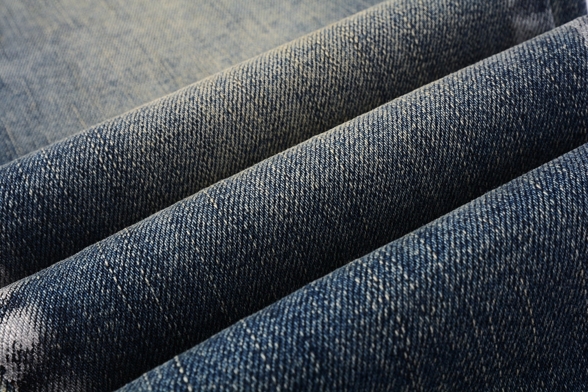 Men Streetwear Skinny Jeans Dark Blue Wash with White Brushstroke Distress 9040
