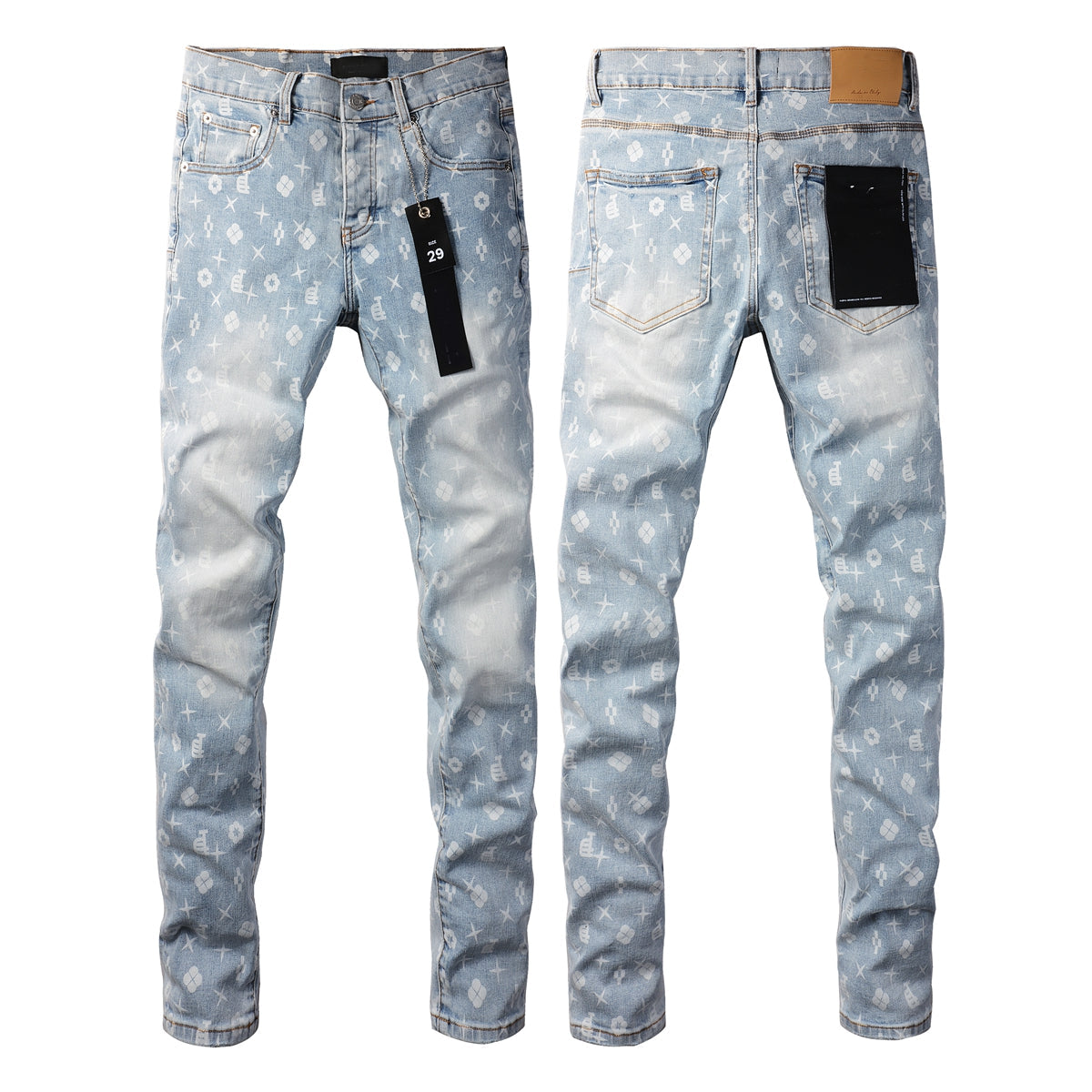 Men Streetwear Skinny Jeans Light Blue Wash with All - Over Pattern Print 9089