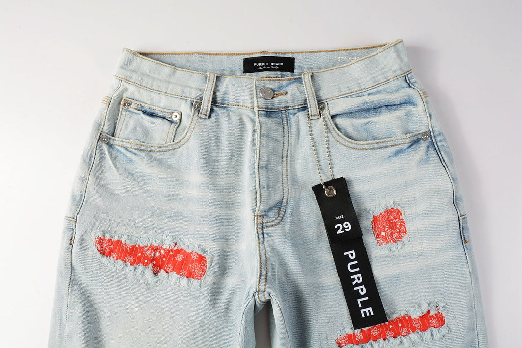 Men Streetwear Denim Shorts Light Blue Wash with Colorful Patched Rips and Raw Hem 5067