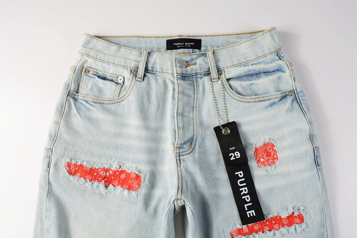 Men Streetwear Denim Shorts Light Blue Wash with Colorful Patched Rips and Raw Hem 5067