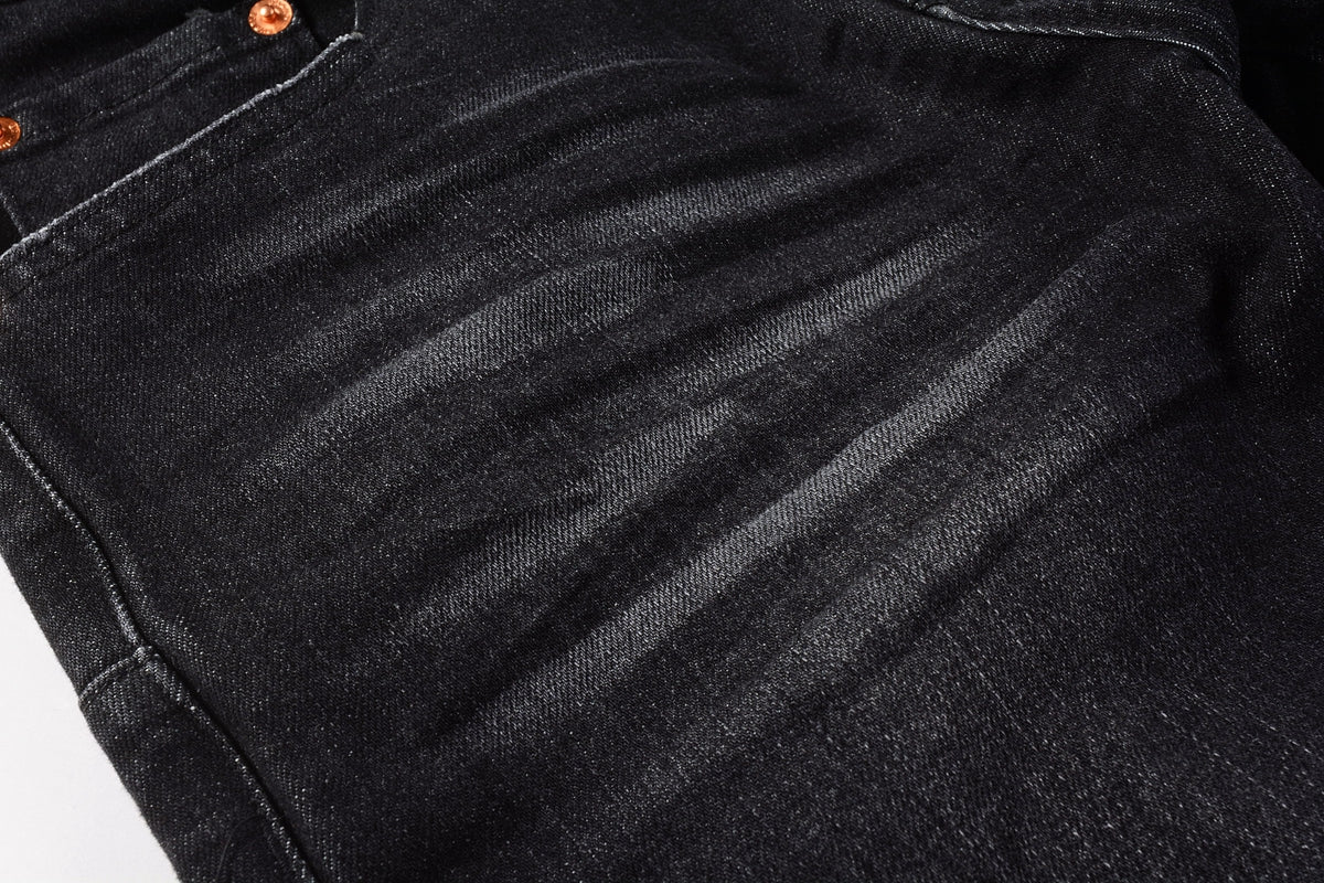 Men Streetwear Skinny Jeans Black Wash with Knee Rips and White Paint Specks 9035