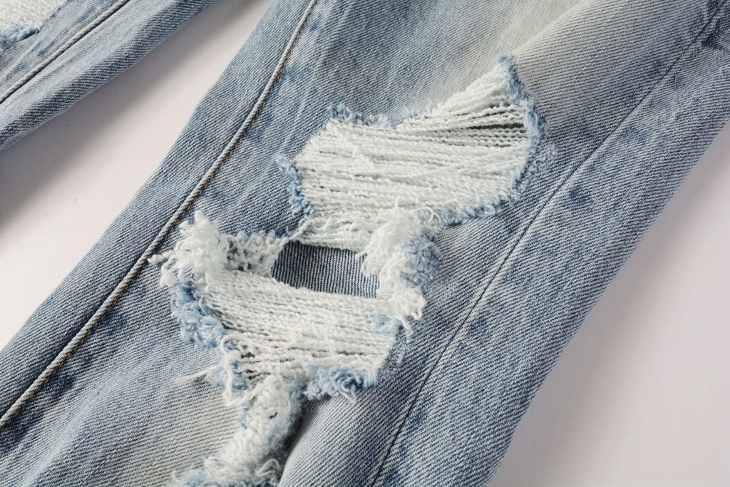 Men Streetwear Jeans Light Blue Ripped Graffiti Print Distressed skinny 9101