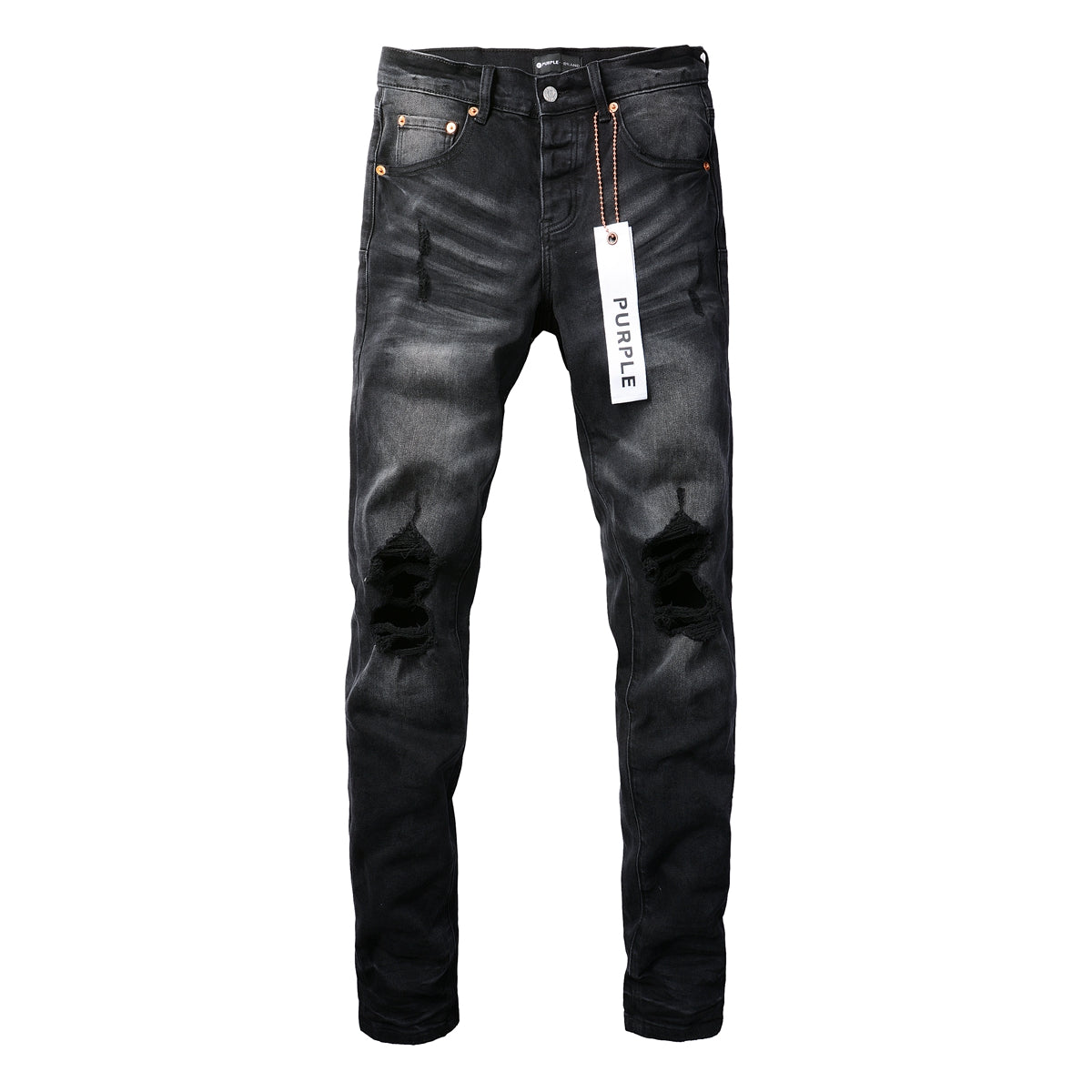 Men Streetwear Skinny Jeans Black Wash with Knee Ripped Details 9029