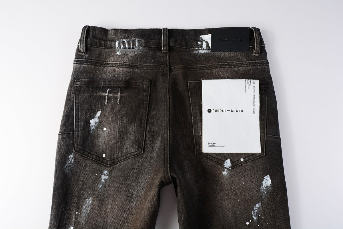 Men Streetwear Skinny Jeans Dark Gray Wash with White Paint Splatter and Distressed Rips 9030