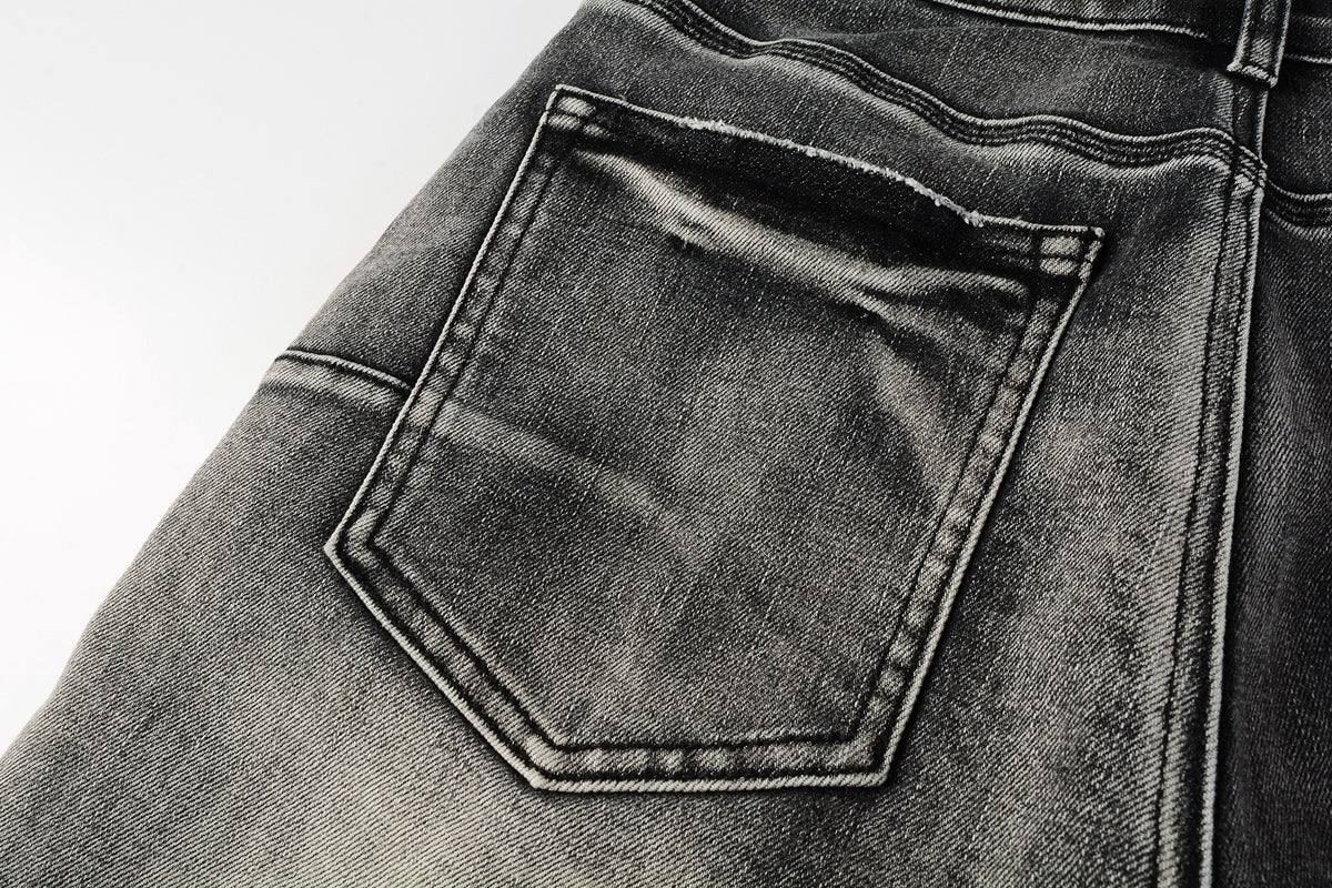 Men Streetwear Denim Shorts Grey Black Wash with Leopard Print Ripped Details and Raw Hem 5068