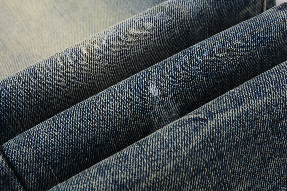 Men Streetwear Skinny Jeans Light Blue Wash with White Paint Brush Strokes 9060