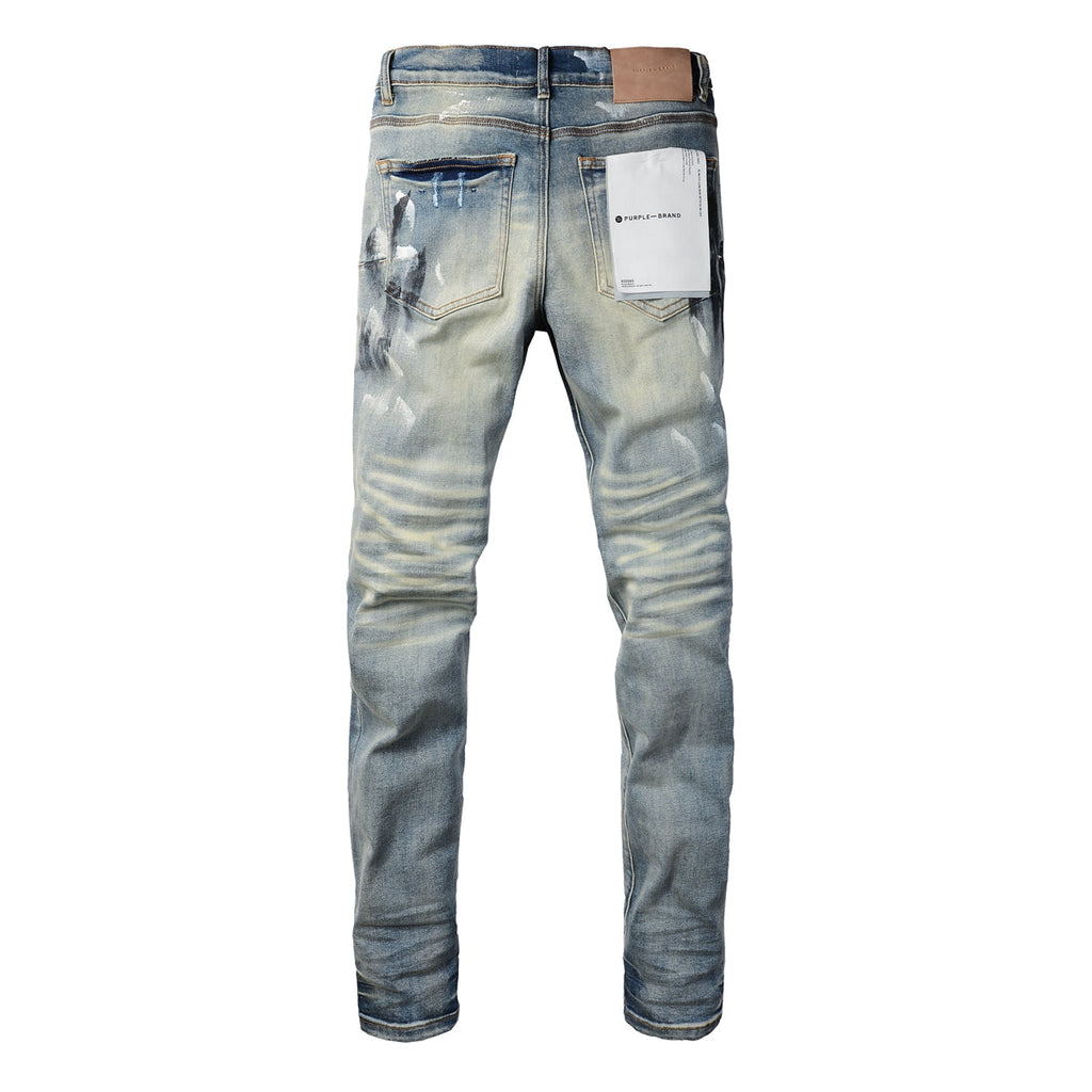 Men Classic Streetwear Jeans DistressedBlue Paint Slash Skinny 9037