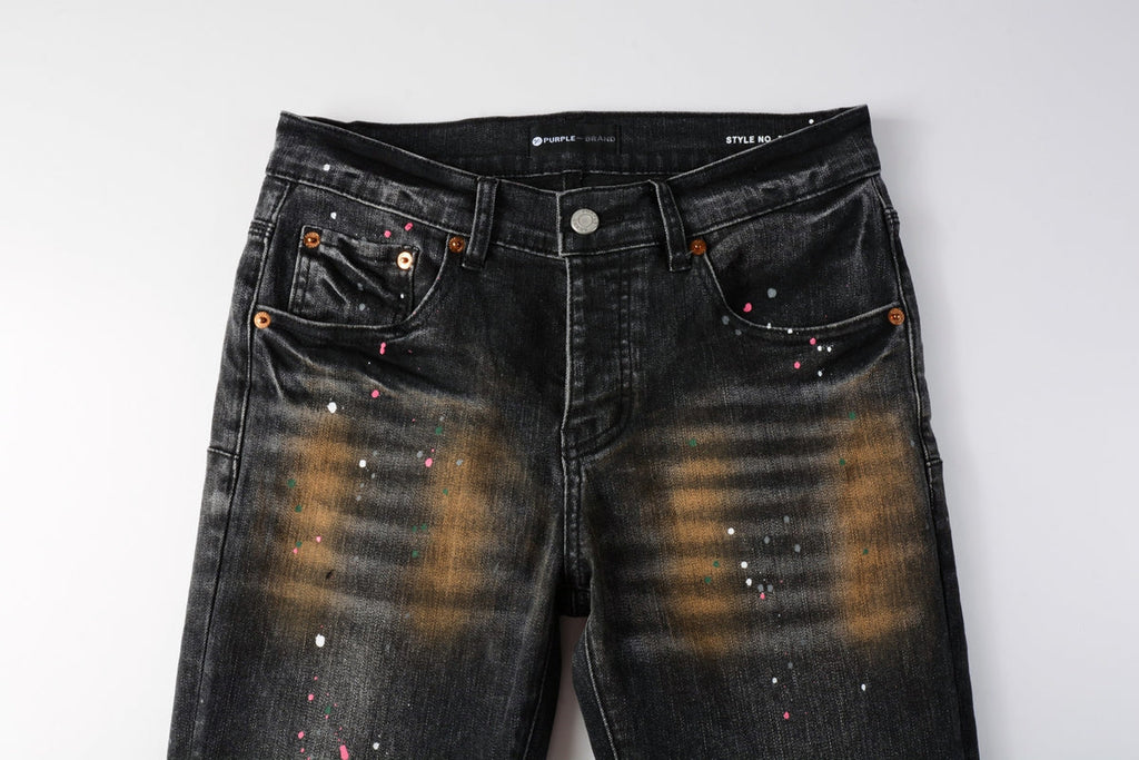 Men’s Black Skinny Jeans with Rust-Toned Wash and Multicolor Paint Splatter Artistic Distressed Street 9109