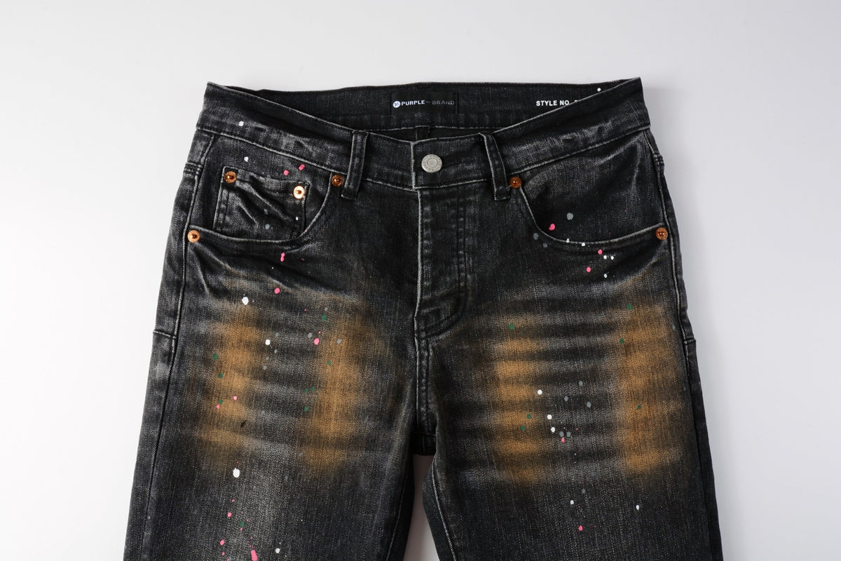 Men’s Black Skinny Jeans with Rust-Toned Wash and Multicolor Paint Splatter Artistic Distressed Street 9109