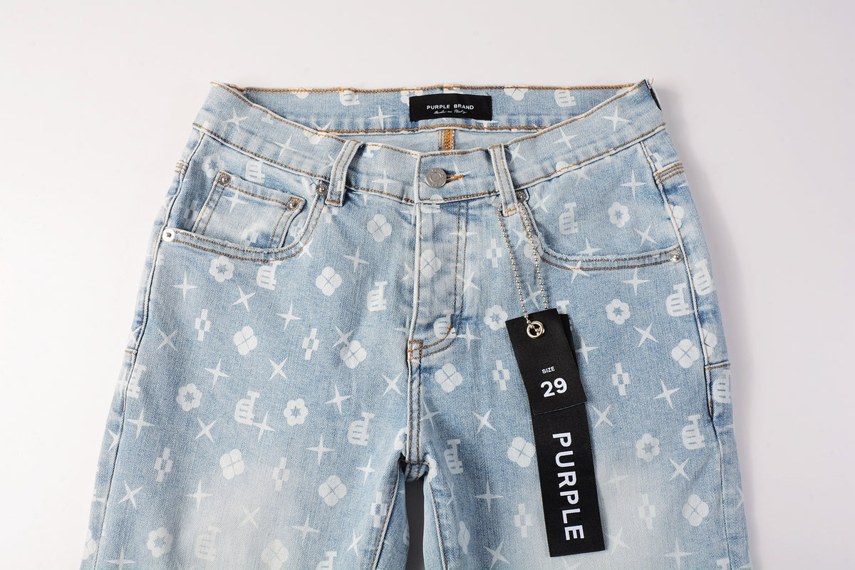 Men Streetwear Skinny Jeans Light Blue Wash with All - Over Pattern Print 9089