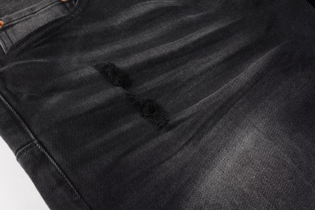 Men Streetwear Skinny Jeans Black Wash with Knee Ripped Details 9029