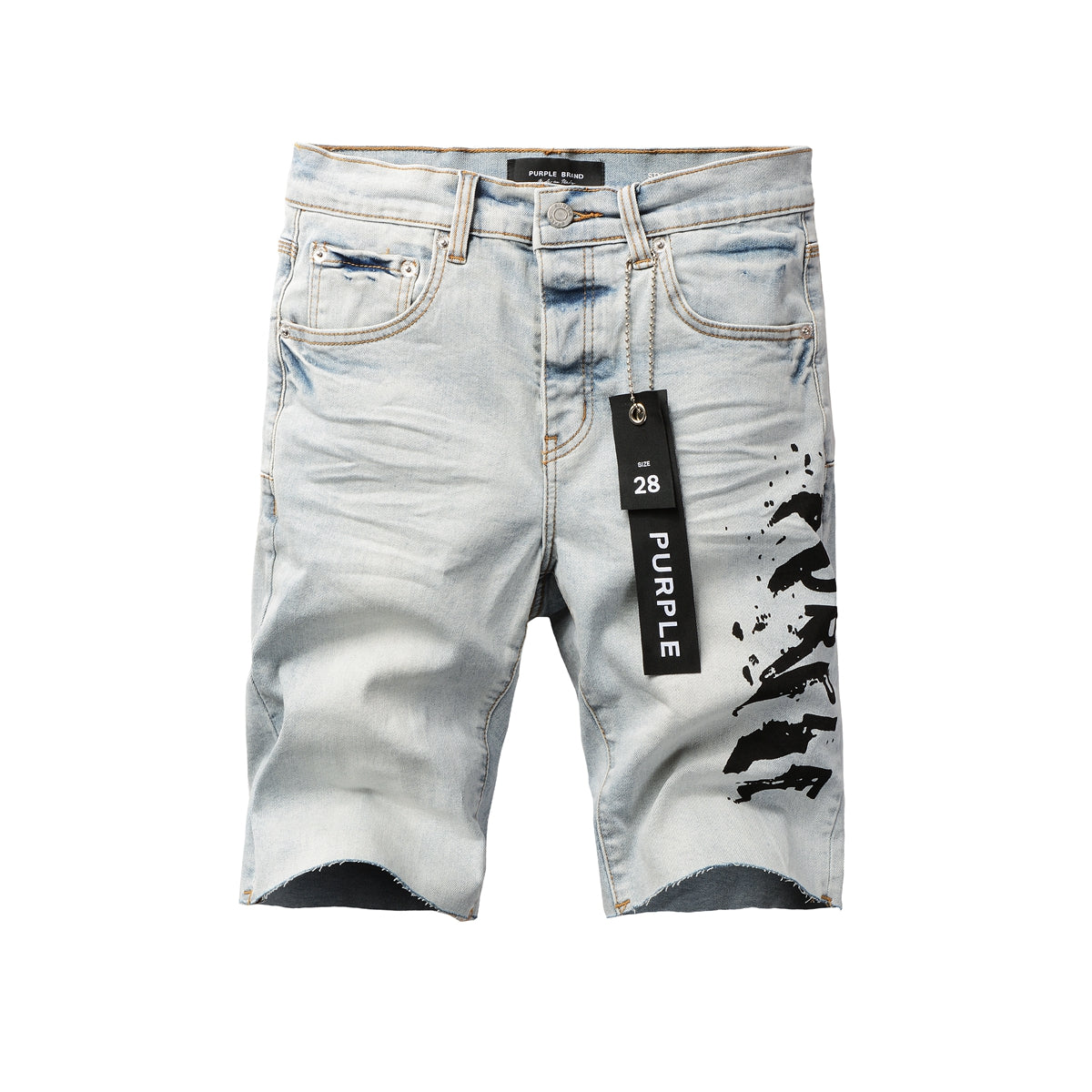 Men Streetwear Denim Shorts Light Blue Wash with Black Paint Streak Print and Raw Hem 5048