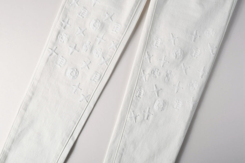 Men Designer Streetwear Skinny Jeans Solid White with 3D Embossed Monogram Pattern 9113