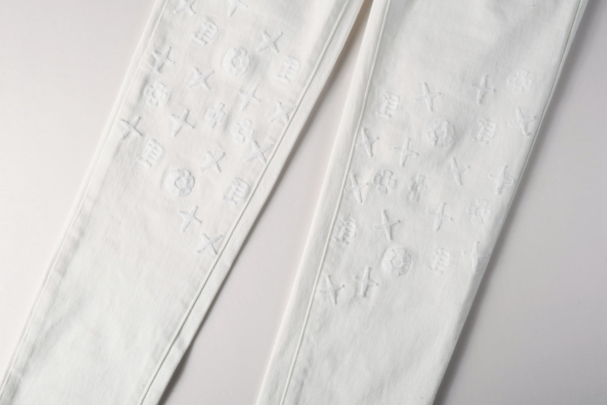 Men Designer Streetwear Skinny Jeans Solid White with 3D Embossed Monogram Pattern 9113