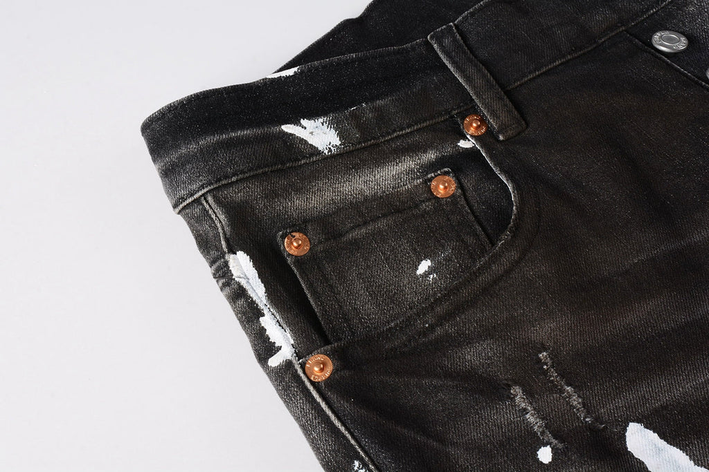 Men Streetwear Skinny Jeans Dark Gray Wash with White Paint Splatter and Distressed Rips 9030