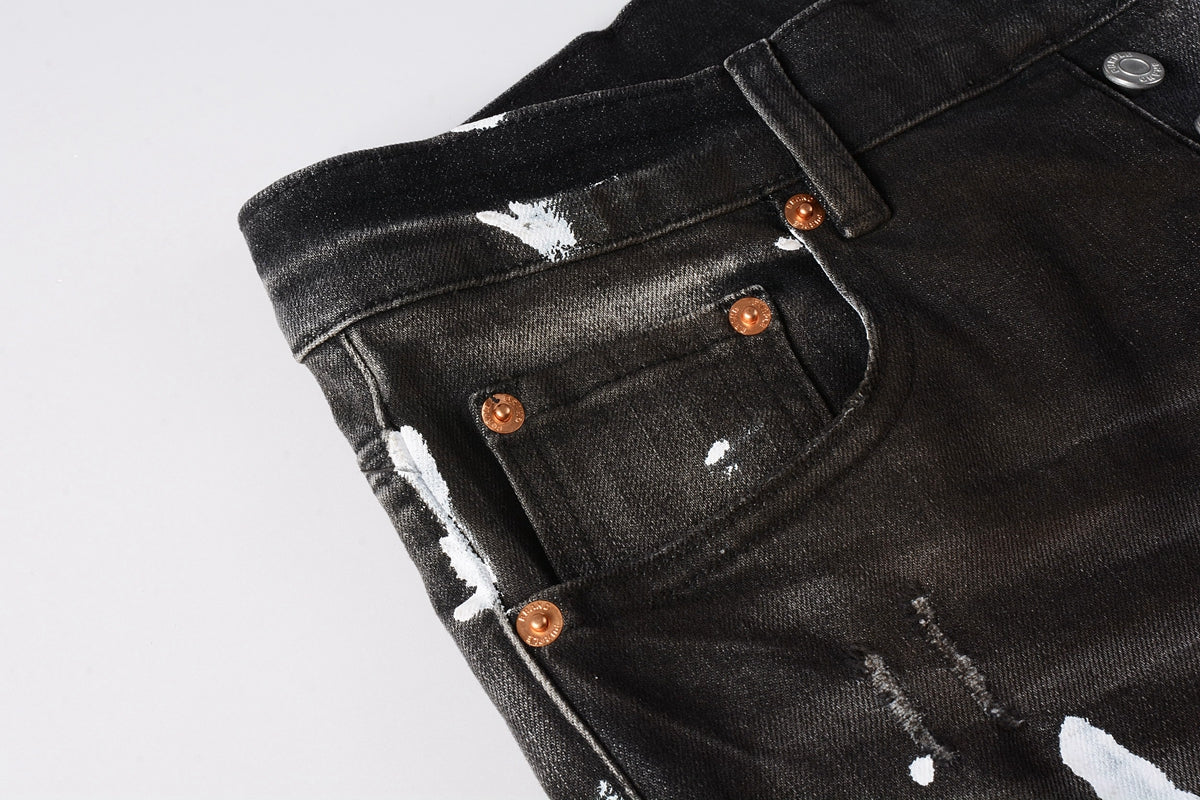 Men Streetwear Skinny Jeans Dark Gray Wash with White Paint Splatter and Distressed Rips 9030