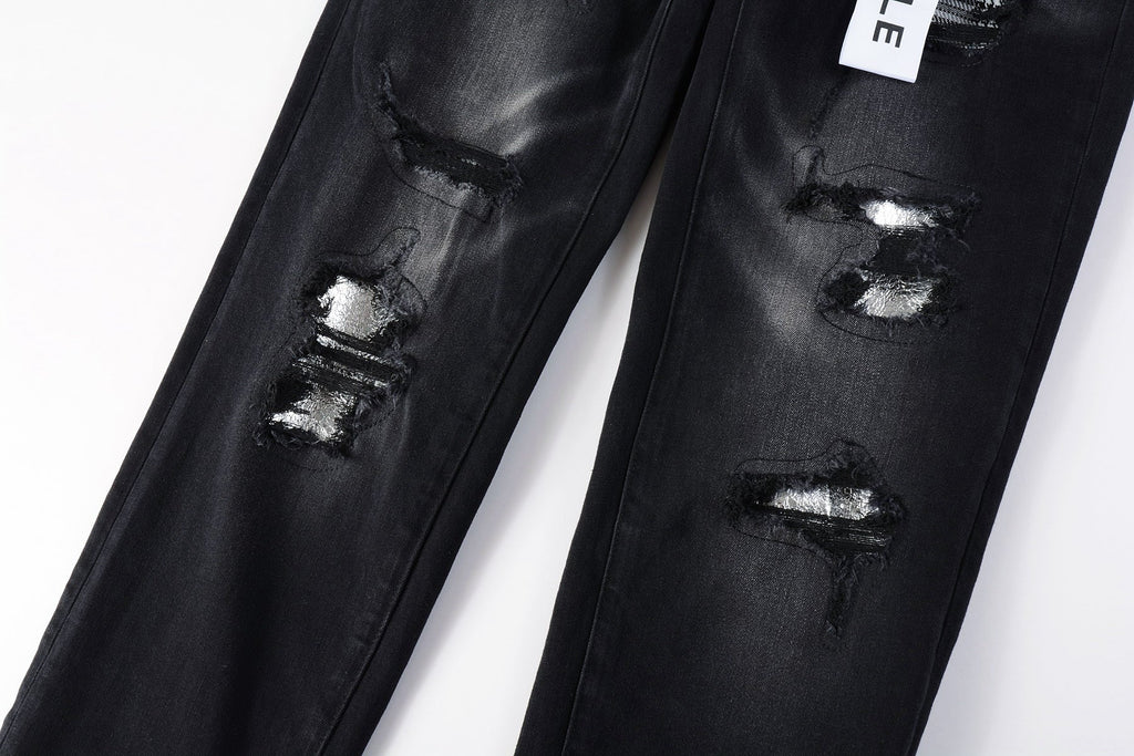 Men Streetwear Skinny Jeans Black Wash with Distressed Rips, Checkered Patches and White Paint Splatter 9001