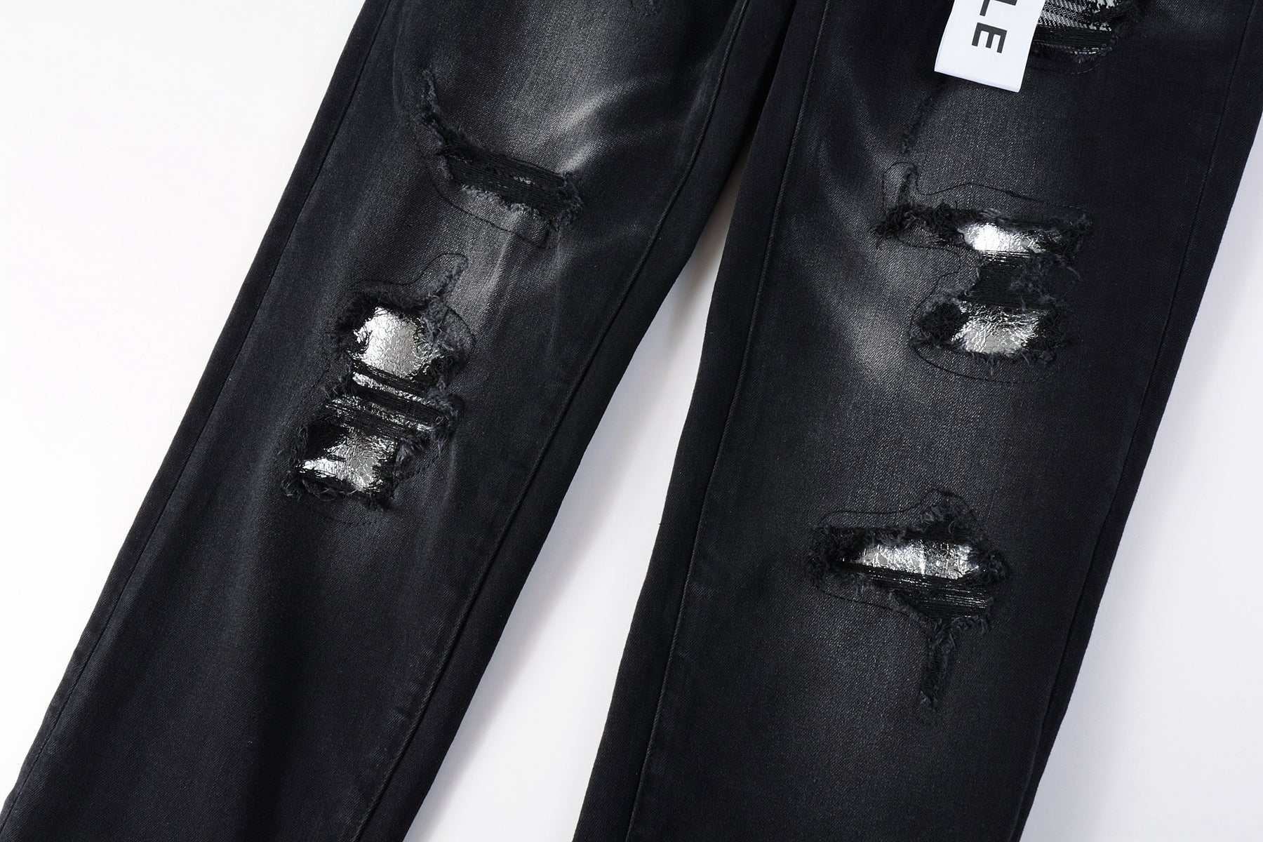 Men Streetwear Skinny Jeans Black Wash with Distressed Rips, Checkered Patches and White Paint Splatter 9001