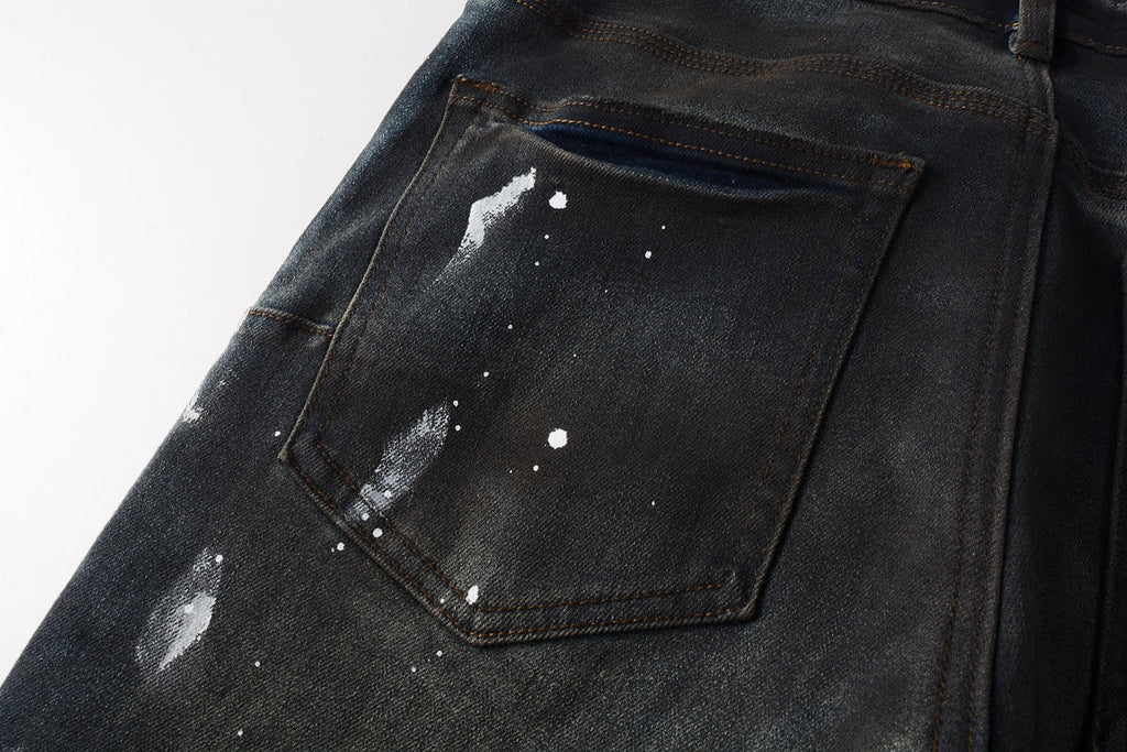 Men Streetwear Skinny Jeans Dark Gray Wash with White Paint Splatter and Brush Strokes 9036