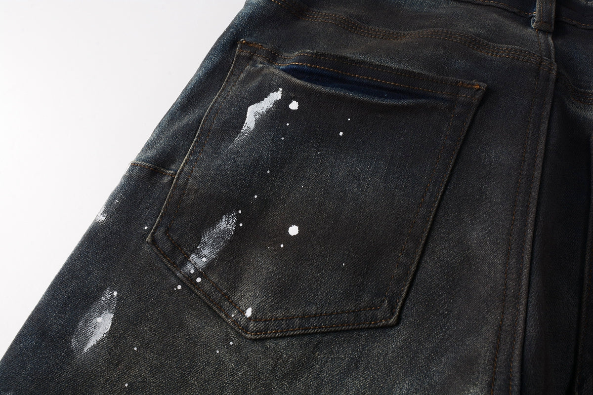 Men Streetwear Skinny Jeans Dark Gray Wash with White Paint Splatter and Brush Strokes 9036