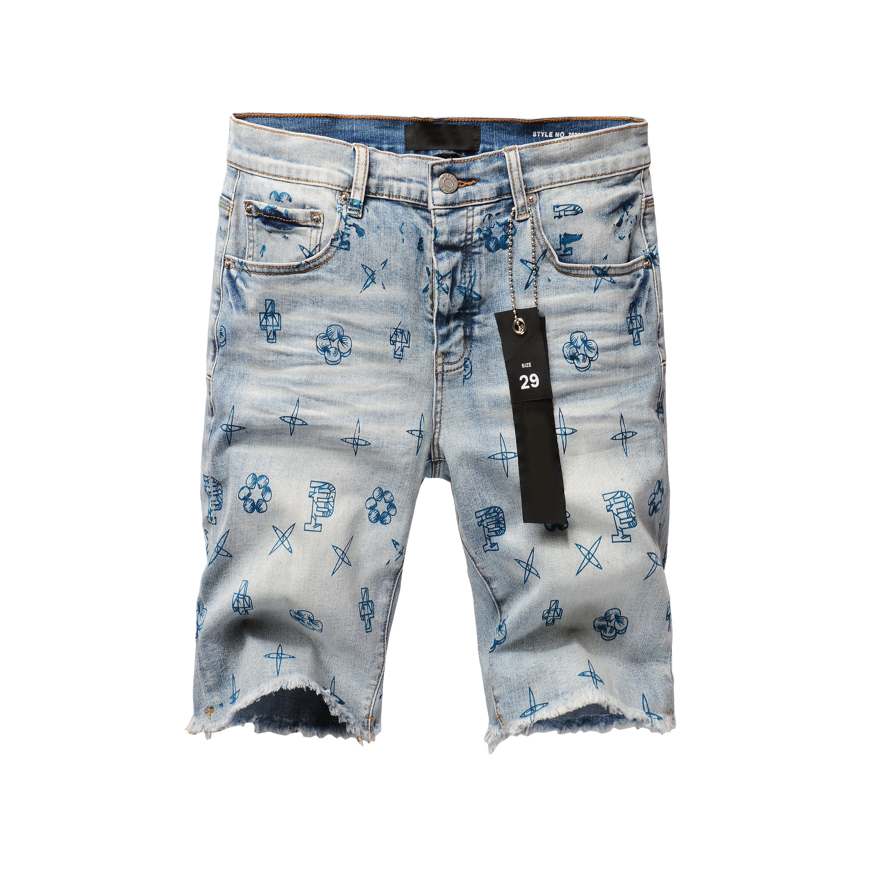Men Streetwear Denim Shorts Light Blue Wash with Blue Graphic Print and Raw Hem 5063