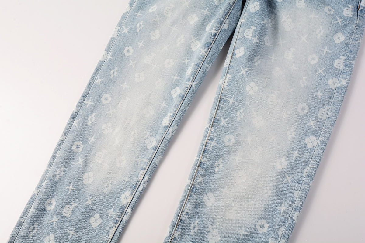 Men Streetwear Skinny Jeans Light Blue Wash with All - Over Pattern Print 9089