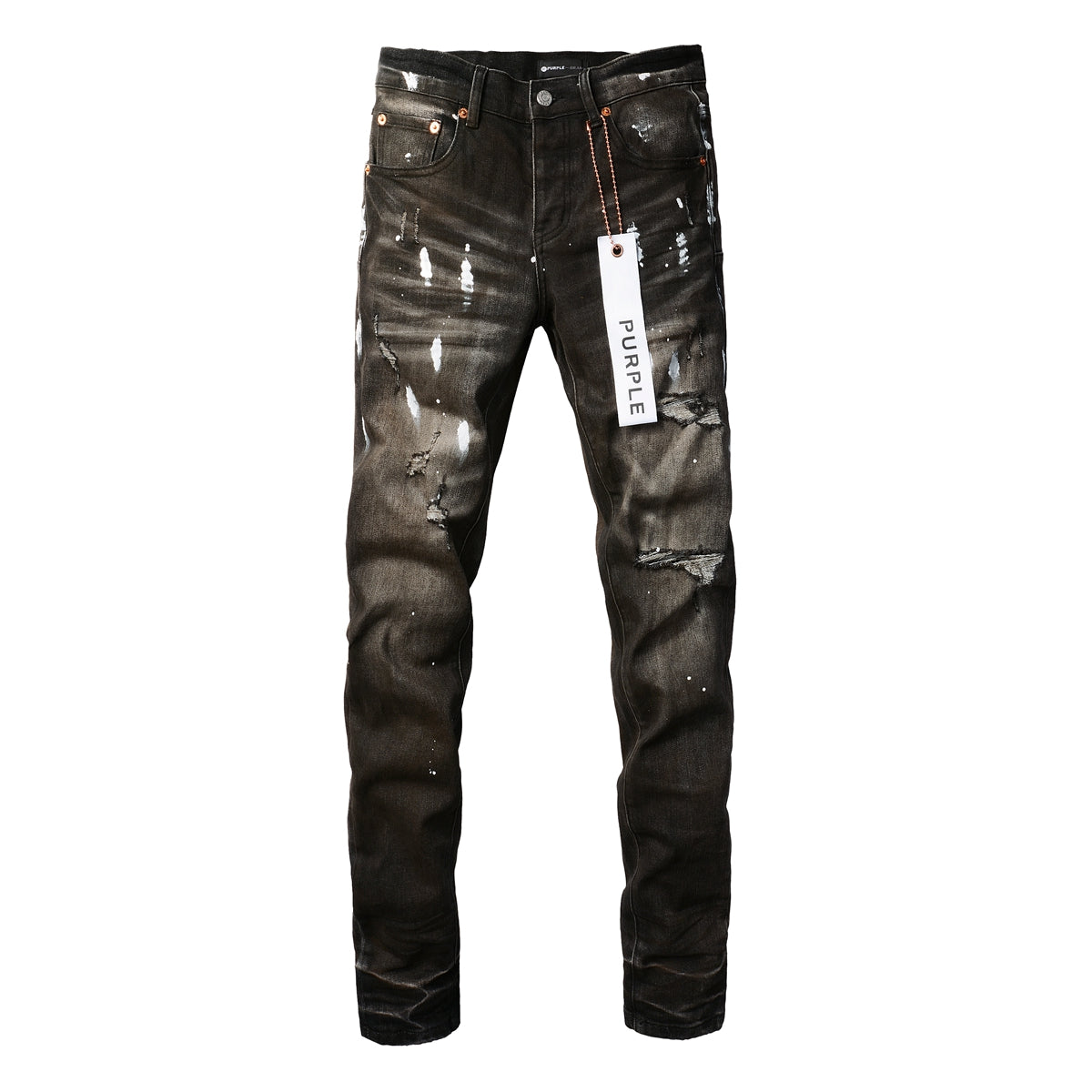 Men Streetwear Skinny Jeans Dark Gray Wash with White Paint Splatter and Distressed Rips 9030