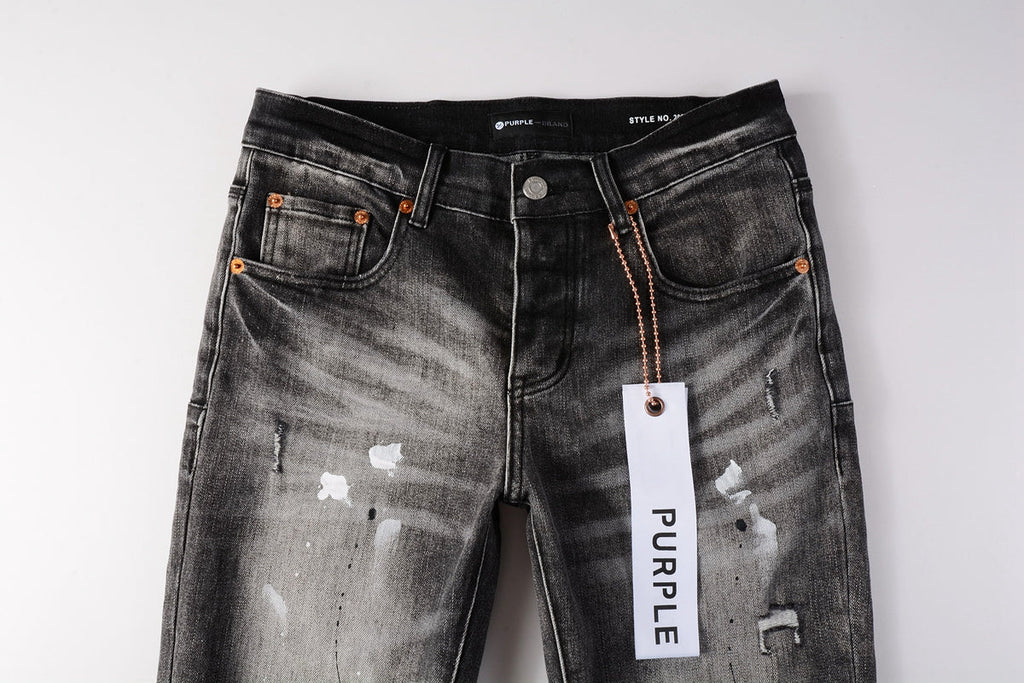 Men Streetwear Skinny Jeans Dark Gray Wash with White Paint Splatter and Distressed Rips 9032