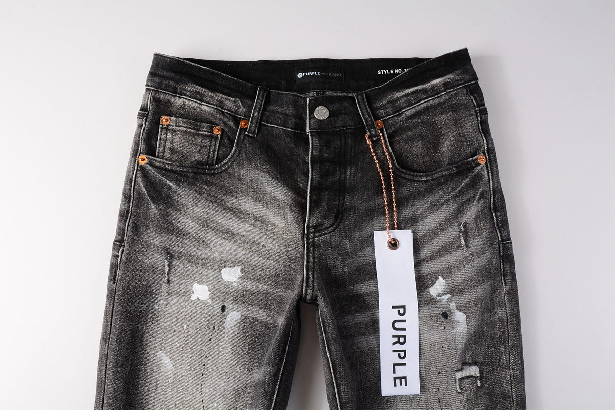 Men Streetwear Skinny Jeans Dark Gray Wash with White Paint Splatter and Distressed Rips 9032