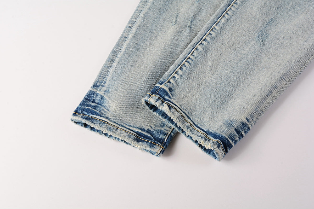 Men Streetwear Skinny Jeans Light Blue Wash with Heavy Distressed Rips 9050