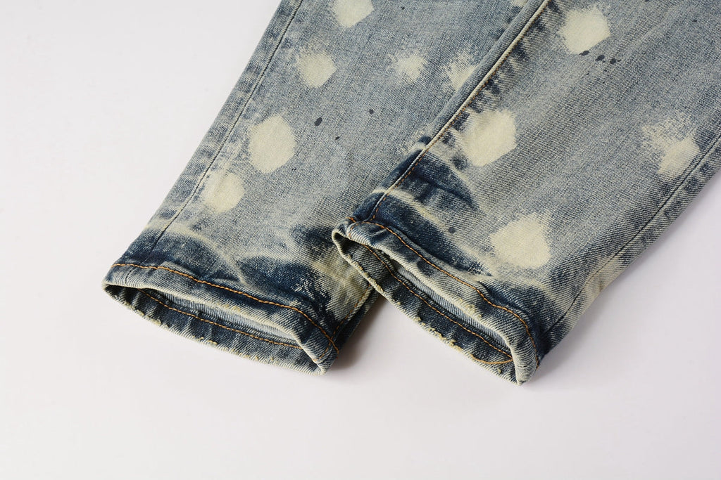 Men Streetwear Jeans Distressed Light Blue Paint Dot Ripped skinny 9092