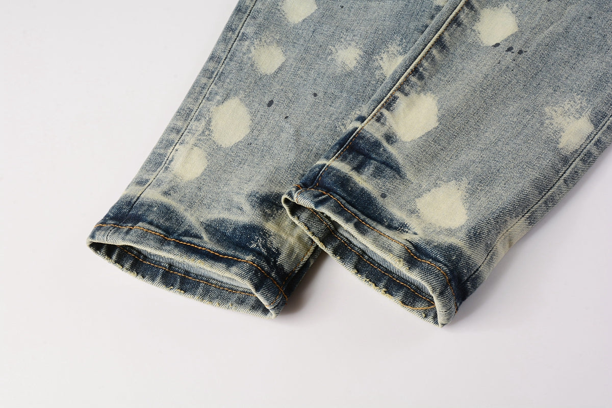 Men Streetwear Jeans Distressed Light Blue Paint Dot Ripped skinny 9092