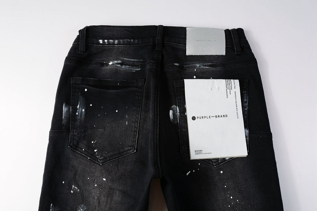 Men Streetwear Skinny Jeans Black Fade Wash with White Paint Splatter and Distressed Rips 9002